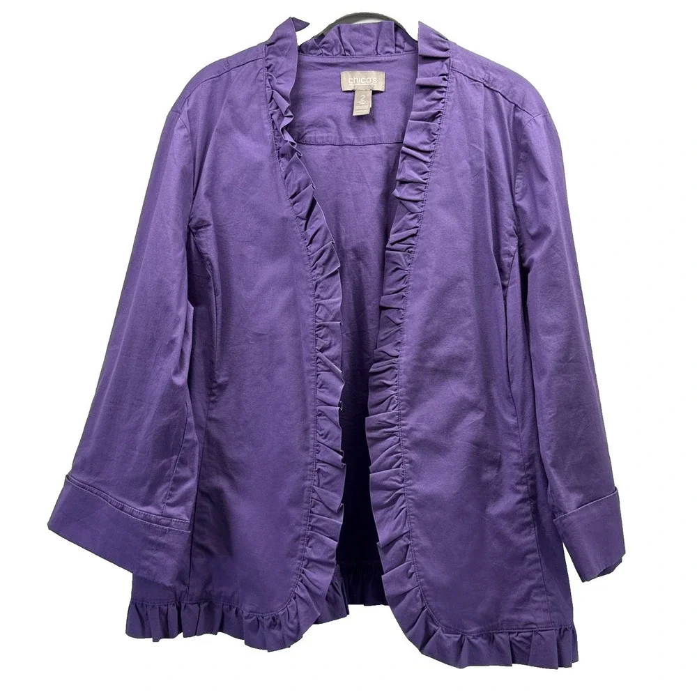 Chicos Womens Jacket Size Large Solid Purple Ruffle Trim Unlined 3/4 Sleeve Open